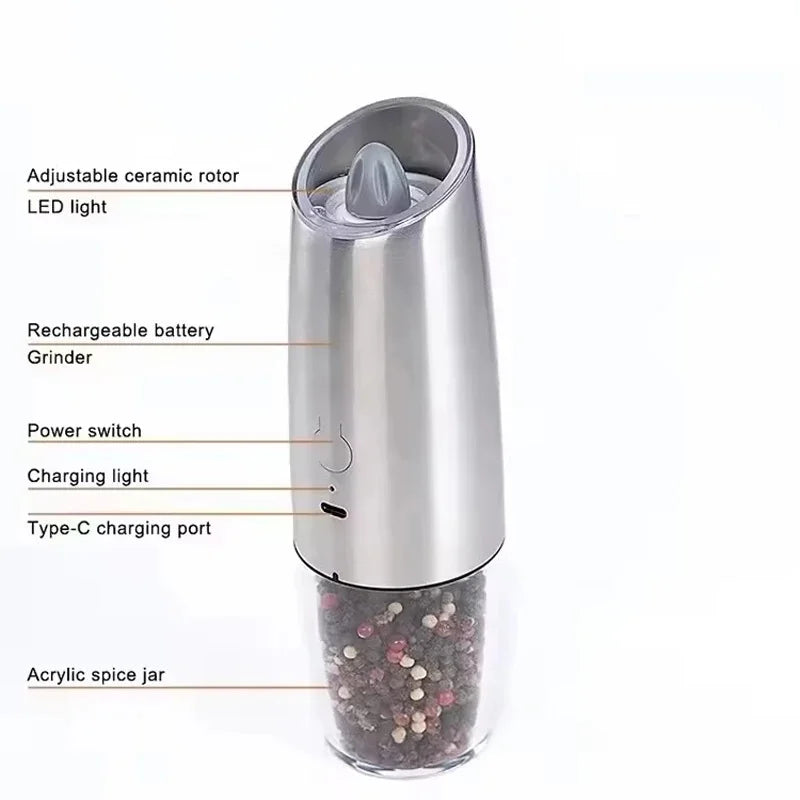 Gravity Induction Electric Salt and Pepper Grinder Set with USB Charging - Premium Kitchen Spice Shakers and Seasoning Bottles