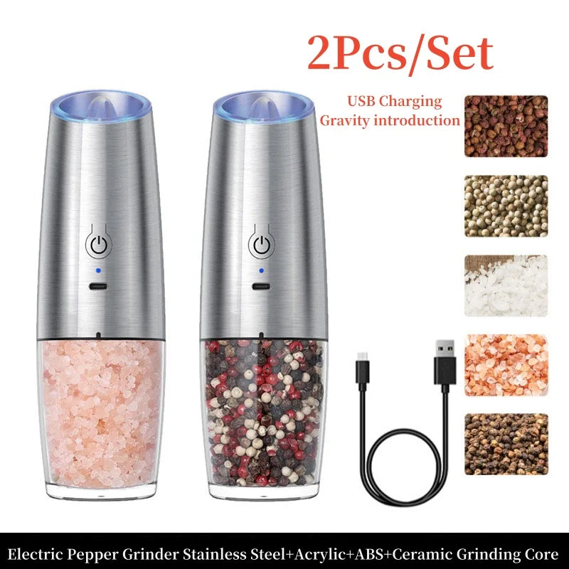 Gravity Induction Electric Salt and Pepper Grinder Set with USB Charging - Premium Kitchen Spice Shakers and Seasoning Bottles