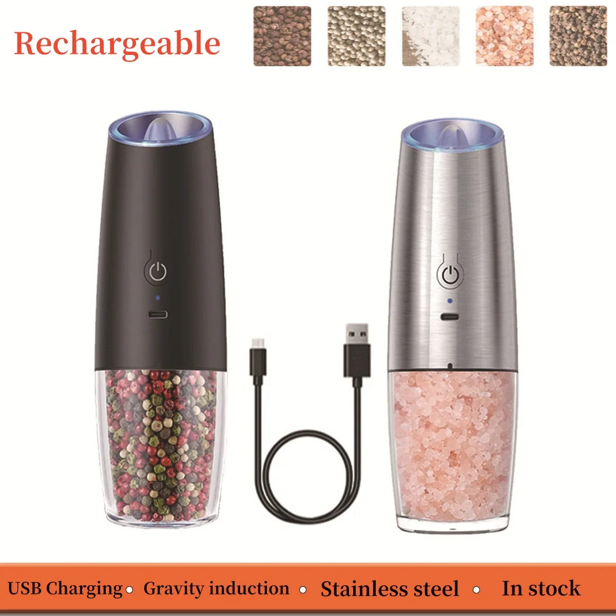 Gravity Induction Electric Salt and Pepper Grinder Set with USB Charging - Premium Kitchen Spice Shakers and Seasoning Bottles
