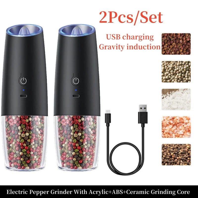 Gravity Induction Electric Salt and Pepper Grinder Set with USB Charging - Premium Kitchen Spice Shakers and Seasoning Bottles