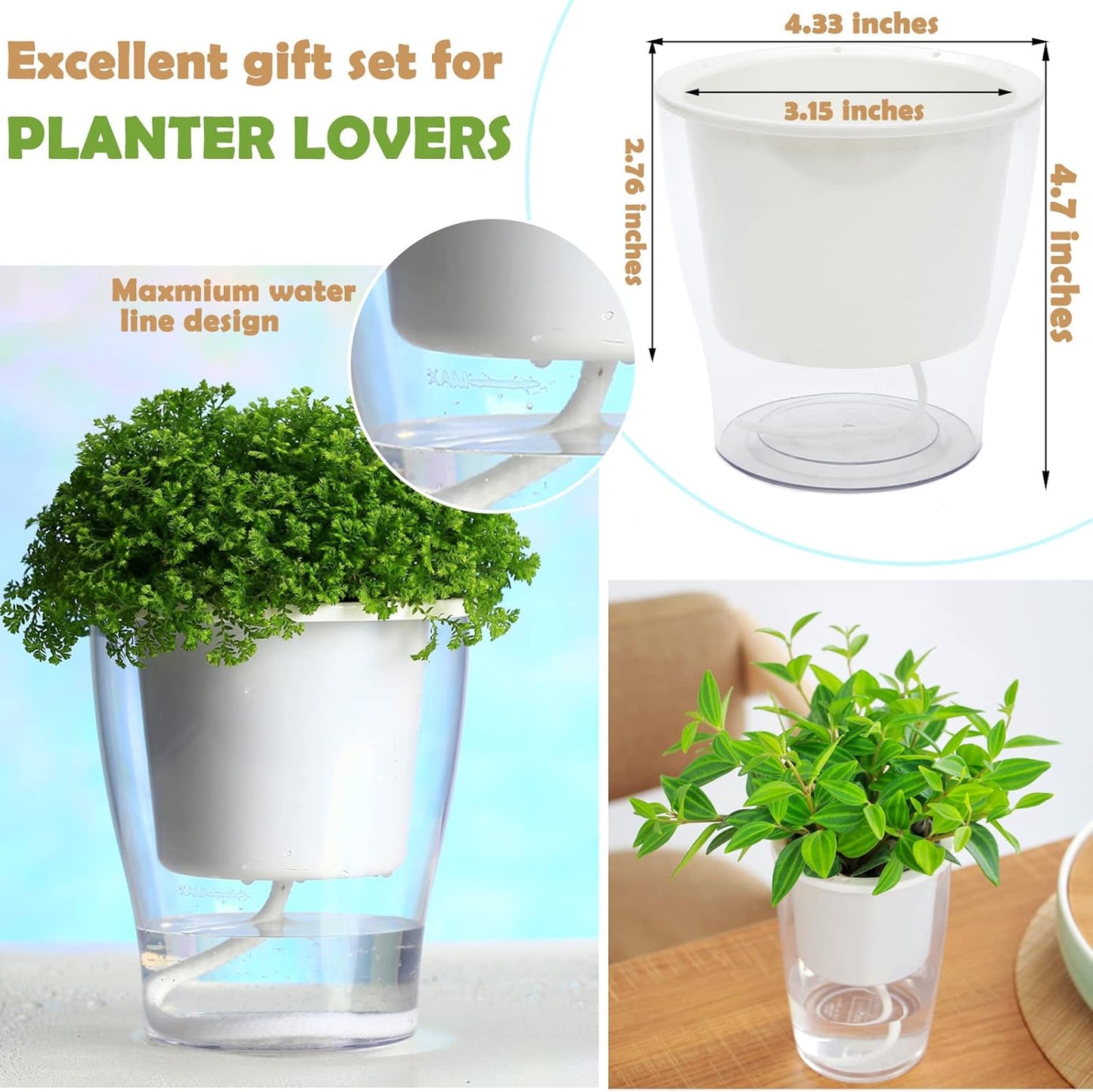 5-Pack 4.3 Inches Clear Self-Watering Pots Small African Violet Planters Plastic Plant Pots Wicking Flower Pots for Indoor Plants, Herbs, African Violet, Ocean Spider Plant, Orchid Pot, Garden Pots